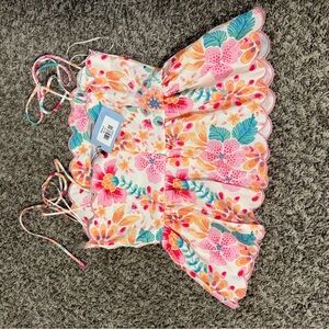 Floral Scalloped Peplum Top with Pink and Orange Accents